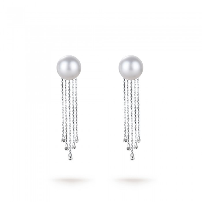 10.0-11.0mm White South Sea Round Pearl & Diamond Chain Dangle Earrings in 18K Gold - AAAAA Quality