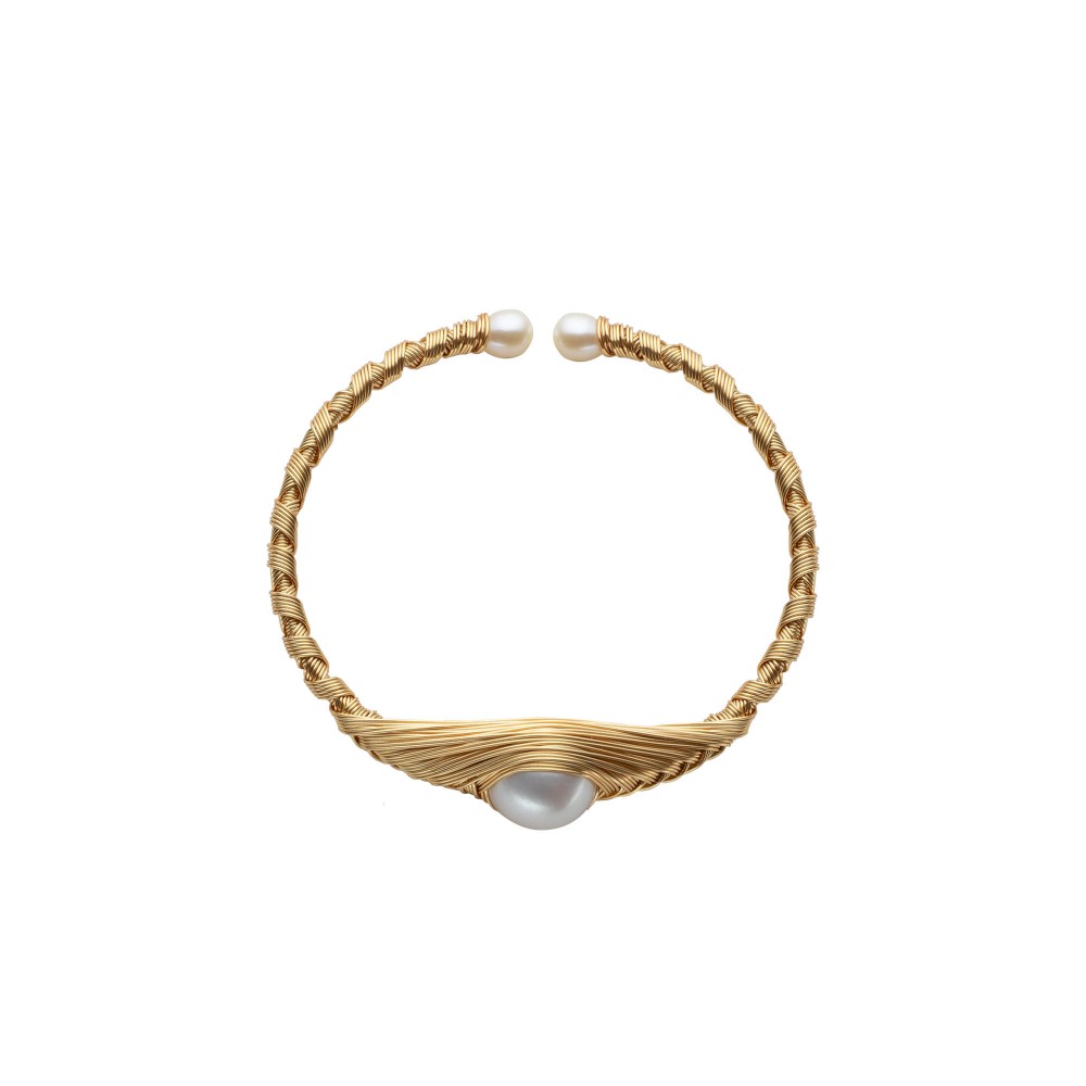 White Freshwater Round Baroque Pearl Wire Wrapped Boho Bangle
