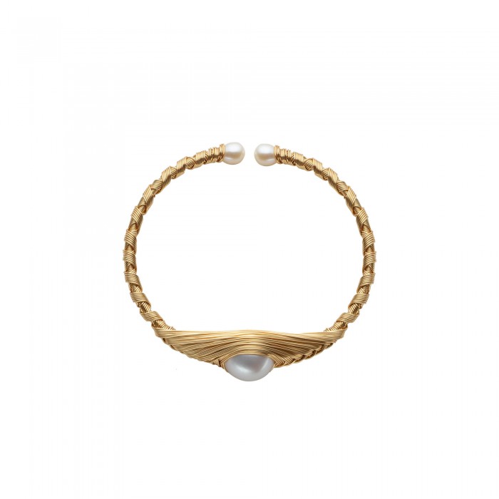 White Freshwater Round Baroque Pearl Wire Wrapped Boho Bangle