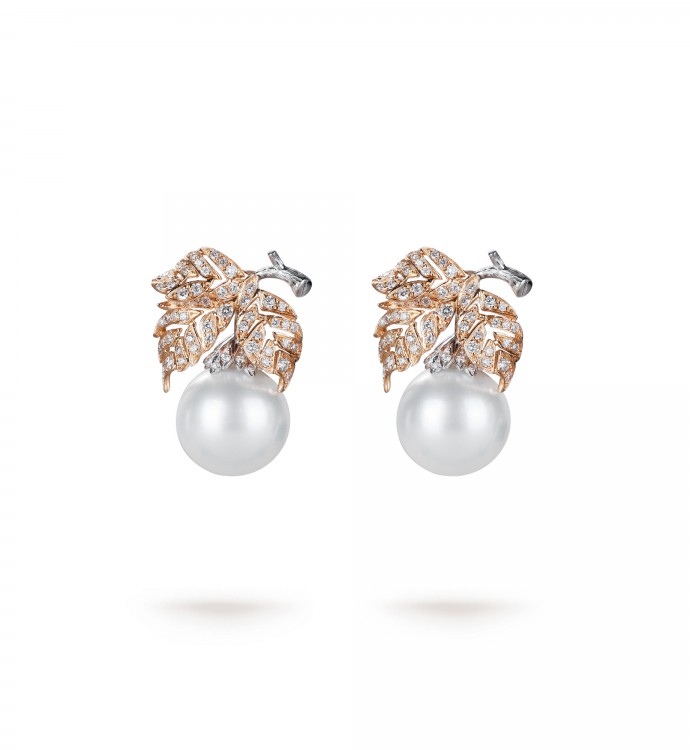 11.0-12.0mm White South Sea Round Pearl & Diamond Leaf Earrings in 18K Gold - AAAAA Quality