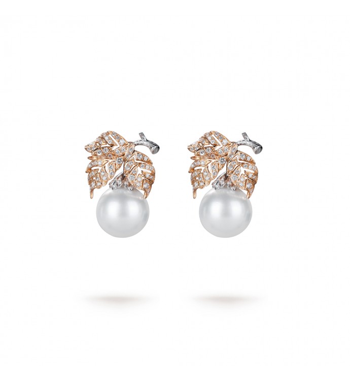 11.0-12.0mm White South Sea Round Pearl & Diamond Leaf Earrings in 18K Gold - AAAAA Quality