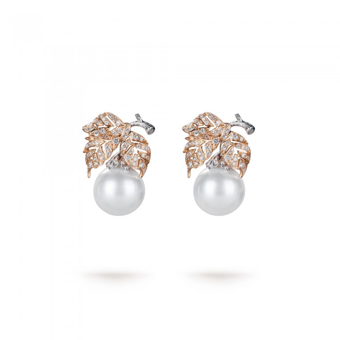 11.0-12.0mm White South Sea Round Pearl & Diamond Leaf Earrings in 18K Gold - AAAAA Quality