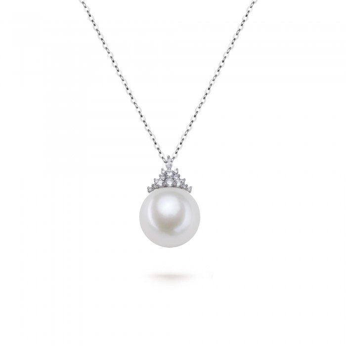 13.0-14.0mm White Freshwater Pearl & Diamond Queenie Pendant in Sterling Silver - AAAAA Quality