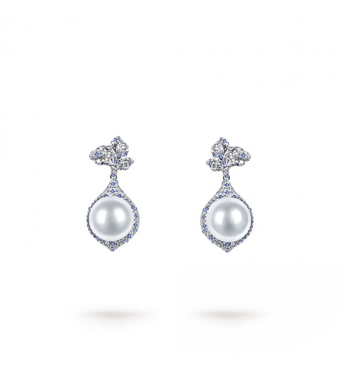 11.0-12.0mm White South Sea Round Pearl & Diamond Sarah Dangle Earrings in 18K Gold - AAAAA Quality