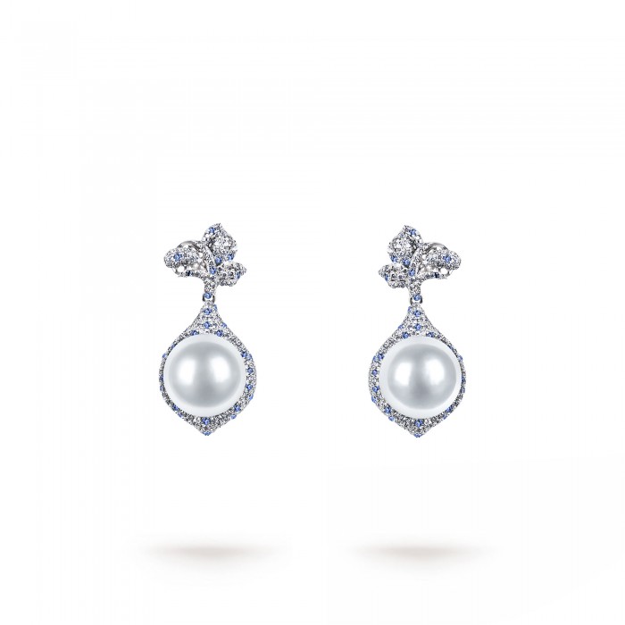 11.0-12.0mm White South Sea Round Pearl & Diamond Sarah Dangle Earrings in 18K Gold - AAAAA Quality