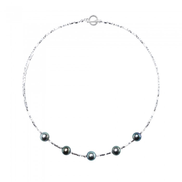 8.0-9.0mm Tahitian Pearl & Shinning Silver Necklace - AAA Quality