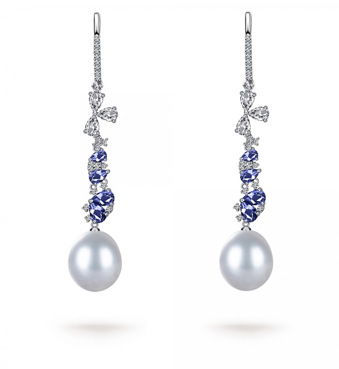 13.0-14.0mm White South Sea Round Pearl & Sapphire Victoria Drop Earrings in 18K Gold - AAAAA Quality