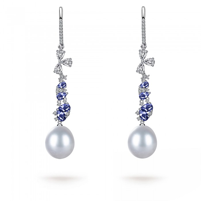 13.0-14.0mm White South Sea Round Pearl & Sapphire Victoria Drop Earrings in 18K Gold - AAAAA Quality