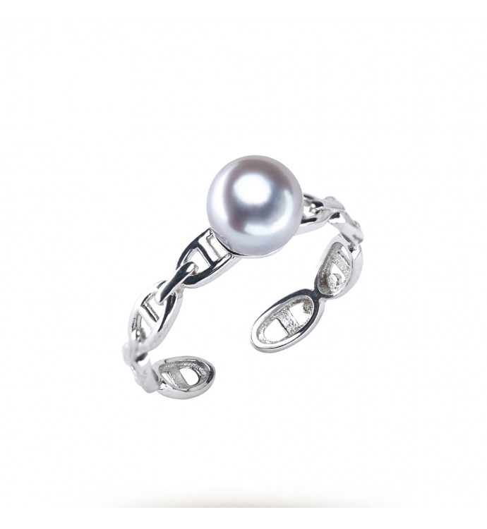 7.0-8.0mm Blue-Grey Akoya Pearl Chain Ring - AAAA Quality