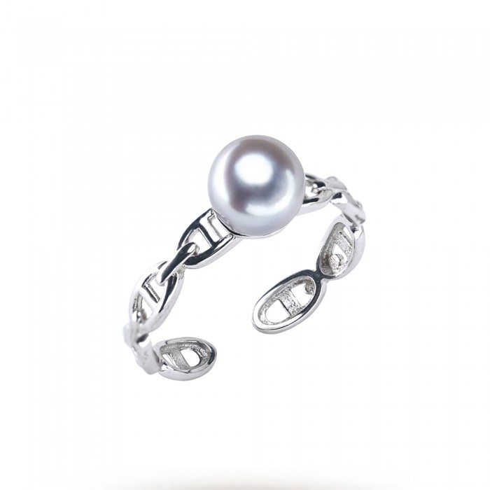 7.0-8.0mm Blue-Grey Akoya Pearl Chain Ring - AAAA Quality