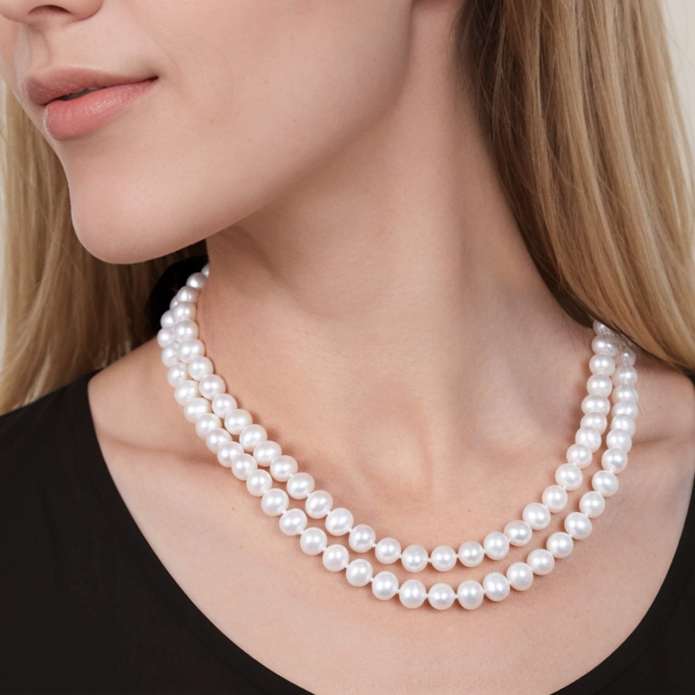 7.5-8.0 mm AA+ White Freshwater Double-Strand Pearl Necklace