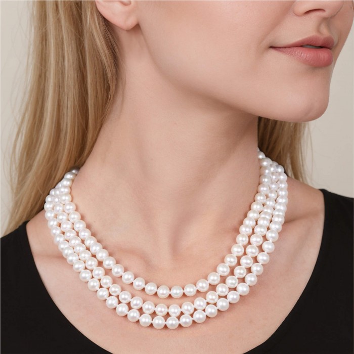 16 Inch 7.5-8.0 mm AAA White Freshwater Triple-Strand Pearl Necklace