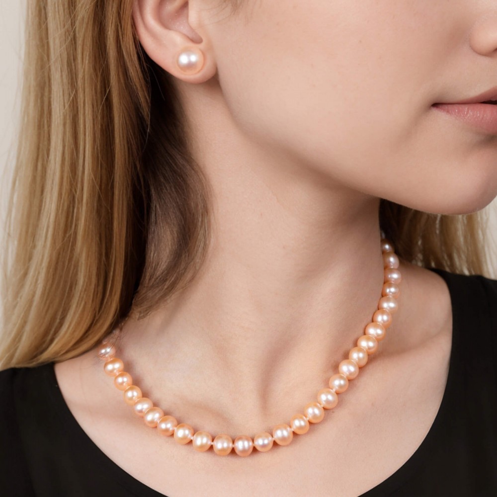 16 Inch 7.5-8.0 mm AA+ Pink to Peach Freshwater Pearl Necklace