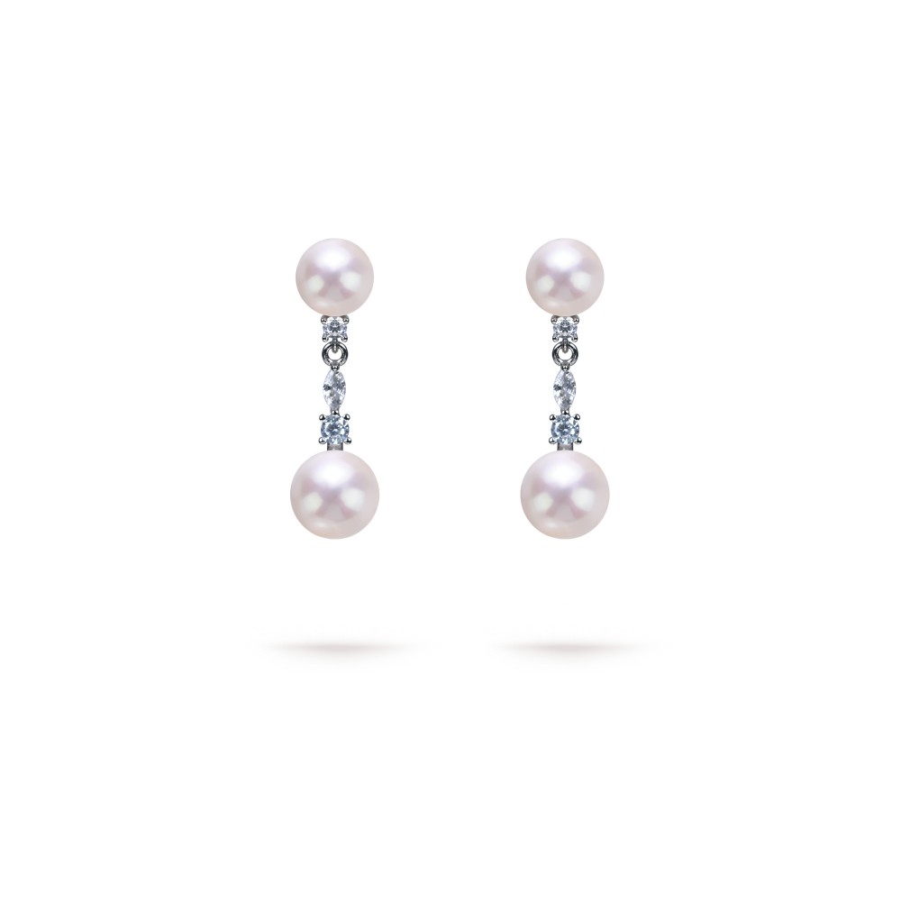5.5-7.5mm White Freshwater Pearl & Diamond Drop Chain Earrings in Sterling Silver - AAAA Quality