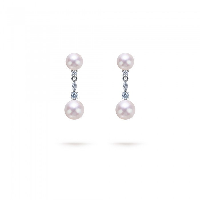 5.5-7.5mm White Freshwater Pearl & Diamond Drop Chain Earrings in Sterling Silver - AAAA Quality