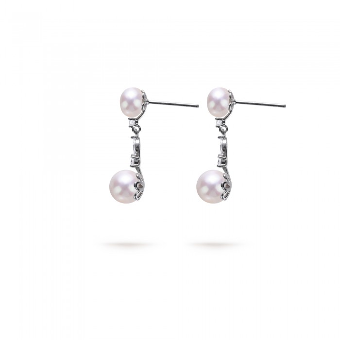 5.5-7.5mm White Freshwater Pearl & Diamond Drop Chain Earrings in Sterling Silver - AAAA Quality