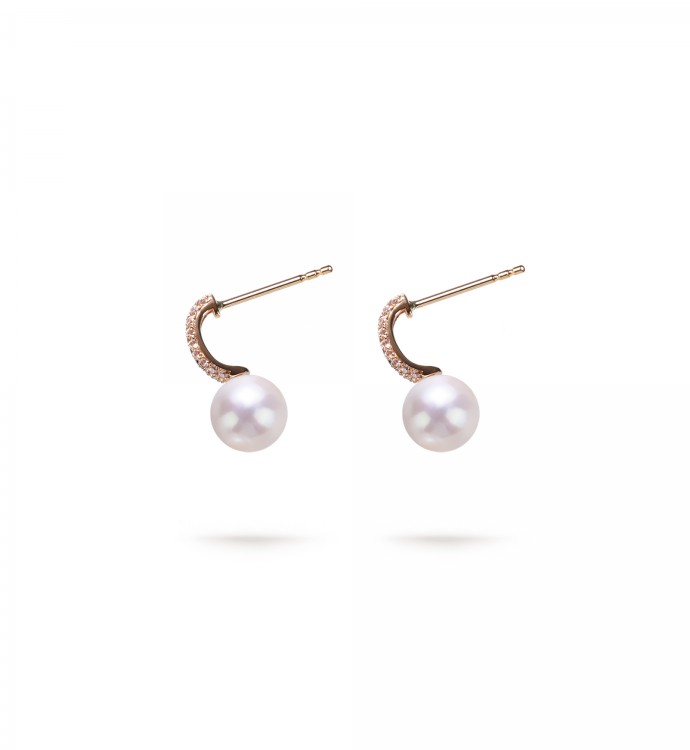 7.5-8.0mm White Freshwater Pearl & Diamond Belle Earrings in 18K Gold - AAAA Quality