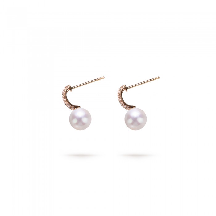 7.5-8.0mm White Freshwater Pearl & Diamond Belle Earrings in 18K Gold - AAAA Quality