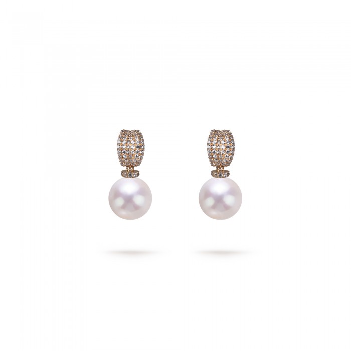 9.0-10.0mm White Freshwater Pearl Belle Earrings in 18K Gold - AAAAA Quality