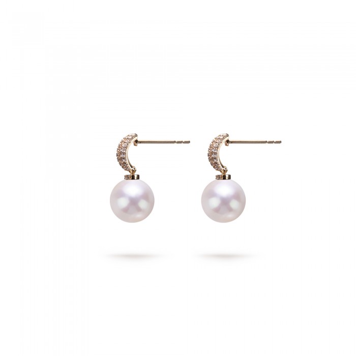 9.0-10.0mm White Freshwater Pearl Belle Earrings in 18K Gold - AAAAA Quality