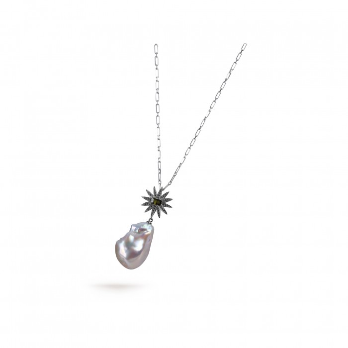 White Freshwater Baroque Pearl Starburst Pendant in Sterling Silver