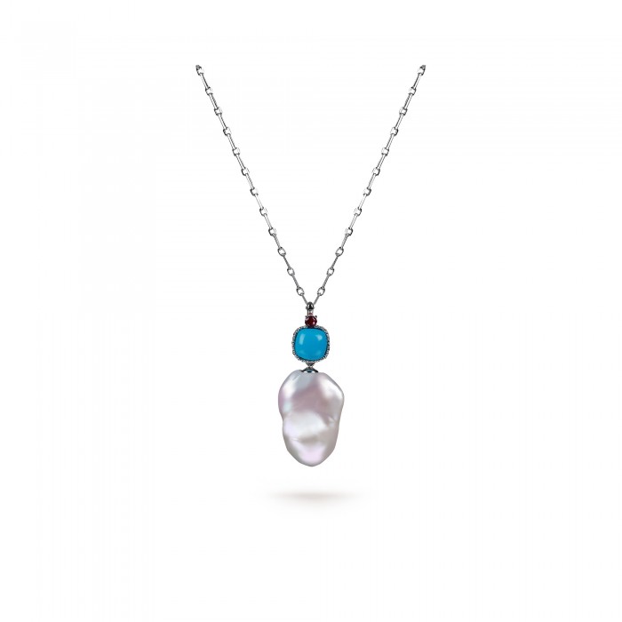 White Freshwater Baroque Pearl Turquoise Pendant in Sterling Silver