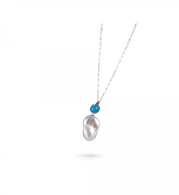 White Freshwater Baroque Pearl Turquoise Pendant in Sterling Silver