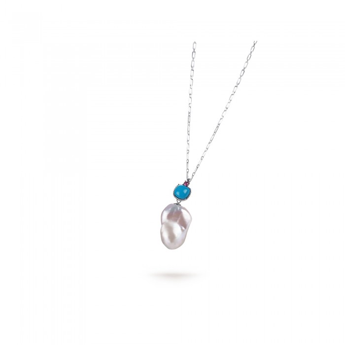 White Freshwater Baroque Pearl Turquoise Pendant in Sterling Silver