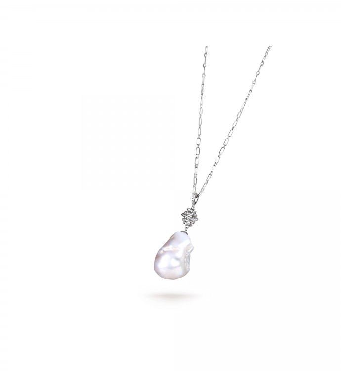 White Freshwater Baroque Pearl Zig Zag Pendant in Sterling Silver