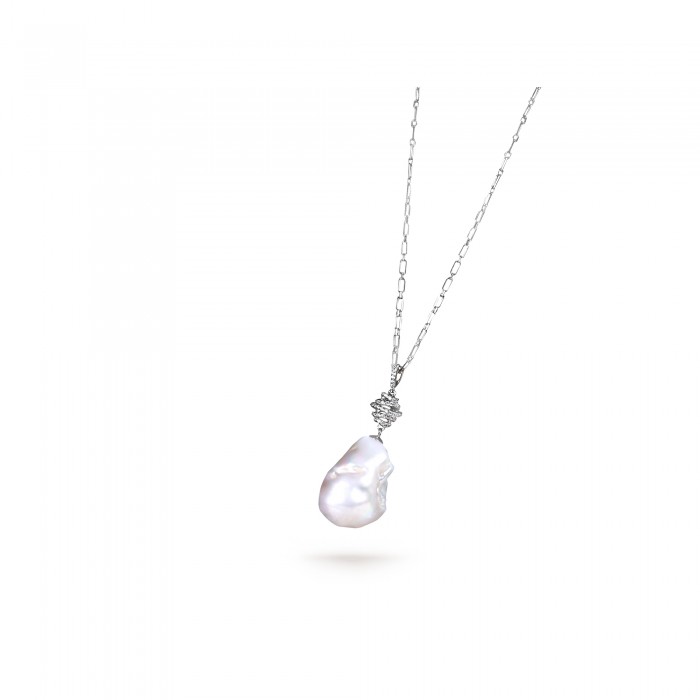 White Freshwater Baroque Pearl Zig Zag Pendant in Sterling Silver