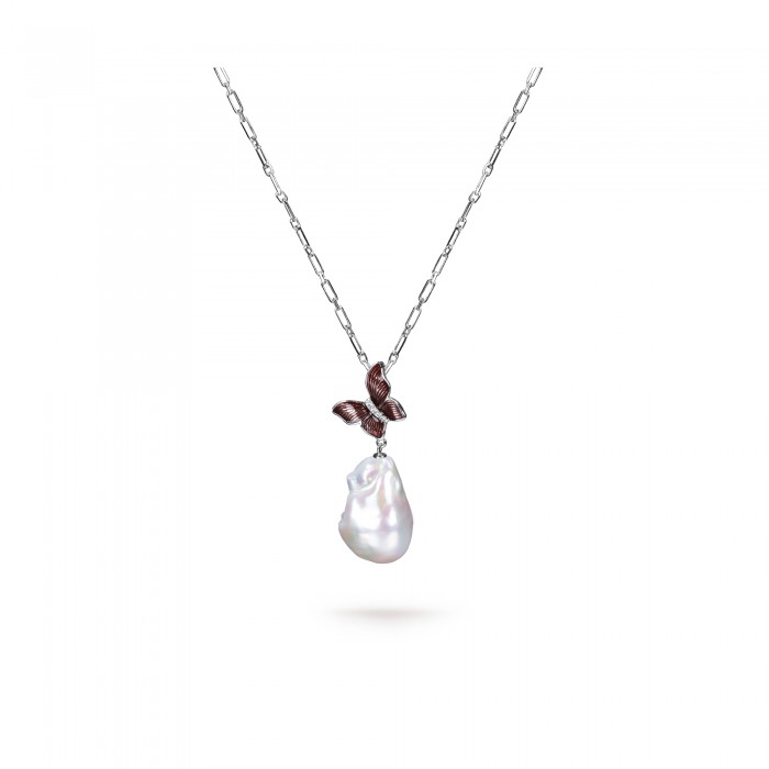 White Freshwater Baroque Pearl Butterfly Pendant in Sterling Silver