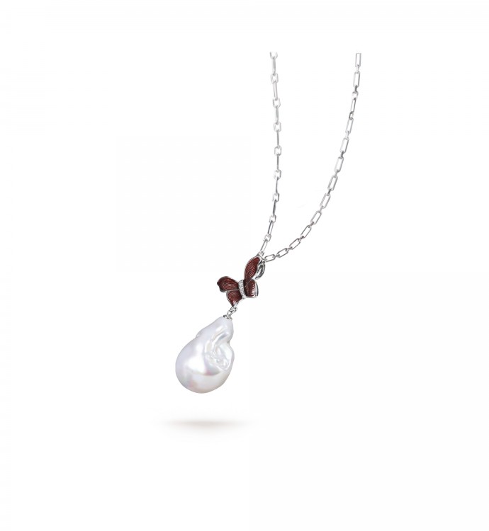 White Freshwater Baroque Pearl Butterfly Pendant in Sterling Silver
