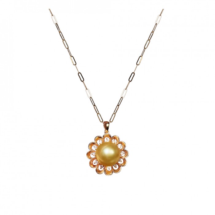 10.0-11.0mm Golden South Sea Pearl Daisy Pine Pendant in 18K Gold - AAAA Quality