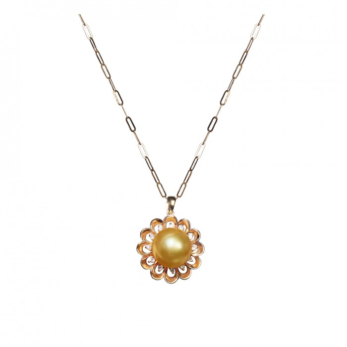 10.0-11.0mm Golden South Sea Pearl Daisy Pine Pendant in 18K Gold - AAAA Quality